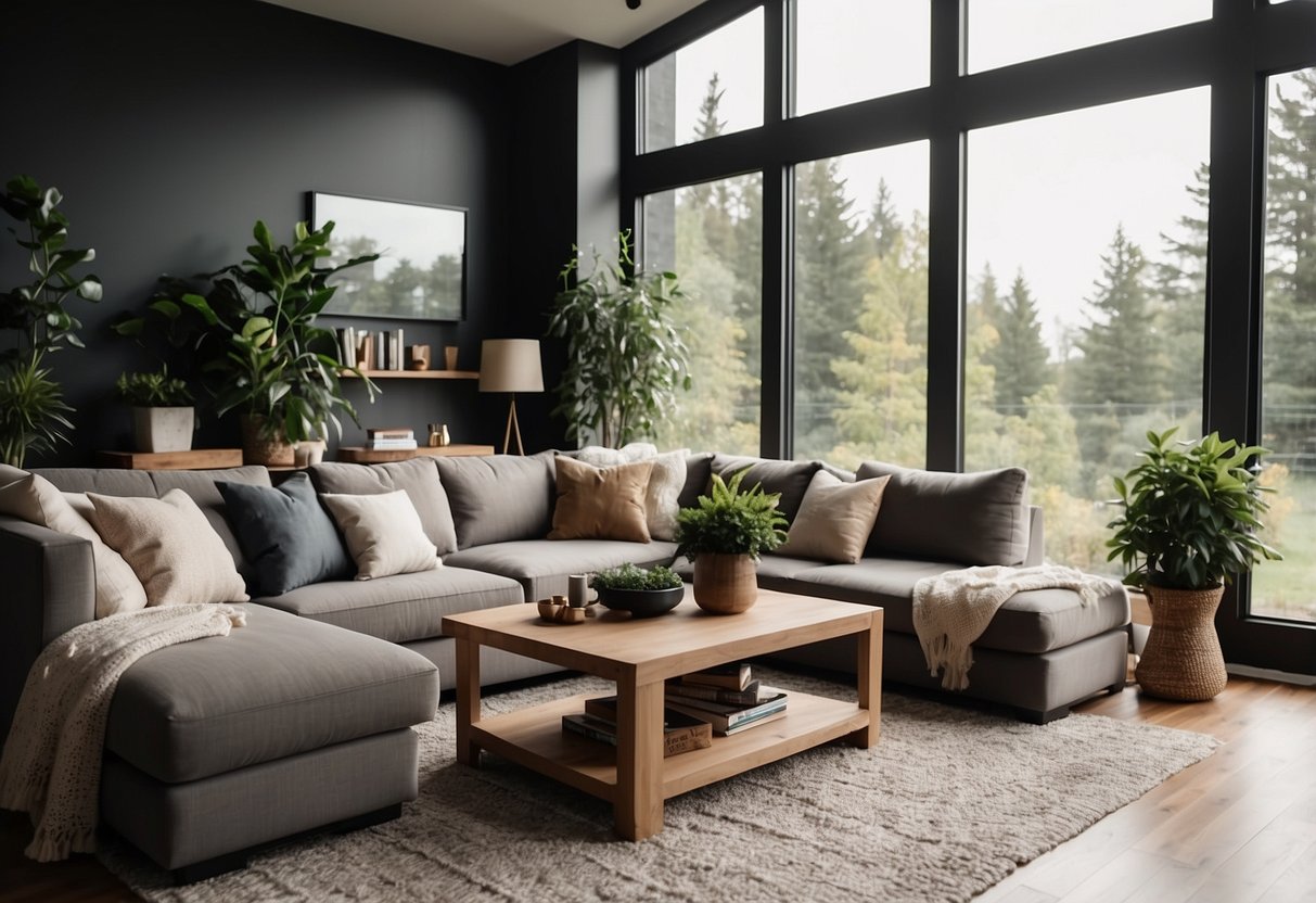 A cozy living room with a large sectional sofa, coffee table, and entertainment center with an Xbox console. The room is well-lit with natural light coming through the windows, and there are decorative accents and plants throughout the space