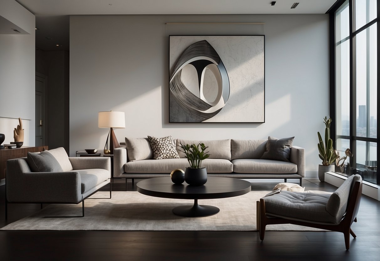 A modern living room with a sleek, abstract metal sculpture as a centerpiece. Clean lines and minimalist decor complement the unique art piece