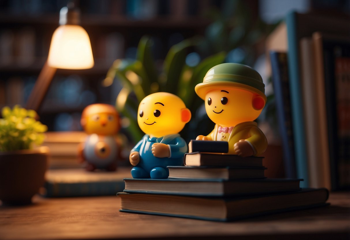 Colorful resin characters in a cozy living room, surrounded by books and plants, with warm lighting and a hint of magic in the air