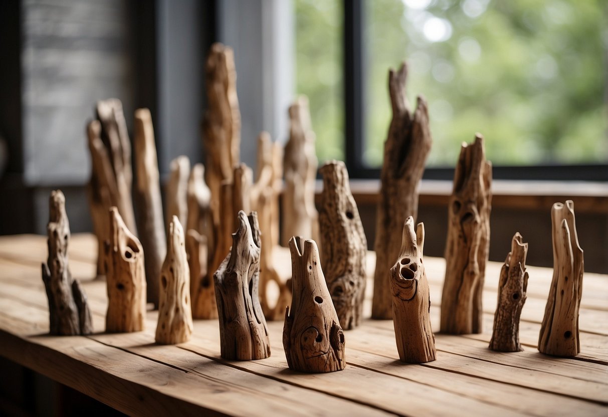 A collection of driftwood sculptures arranged on a rustic wooden table, with soft natural light filtering through a nearby window