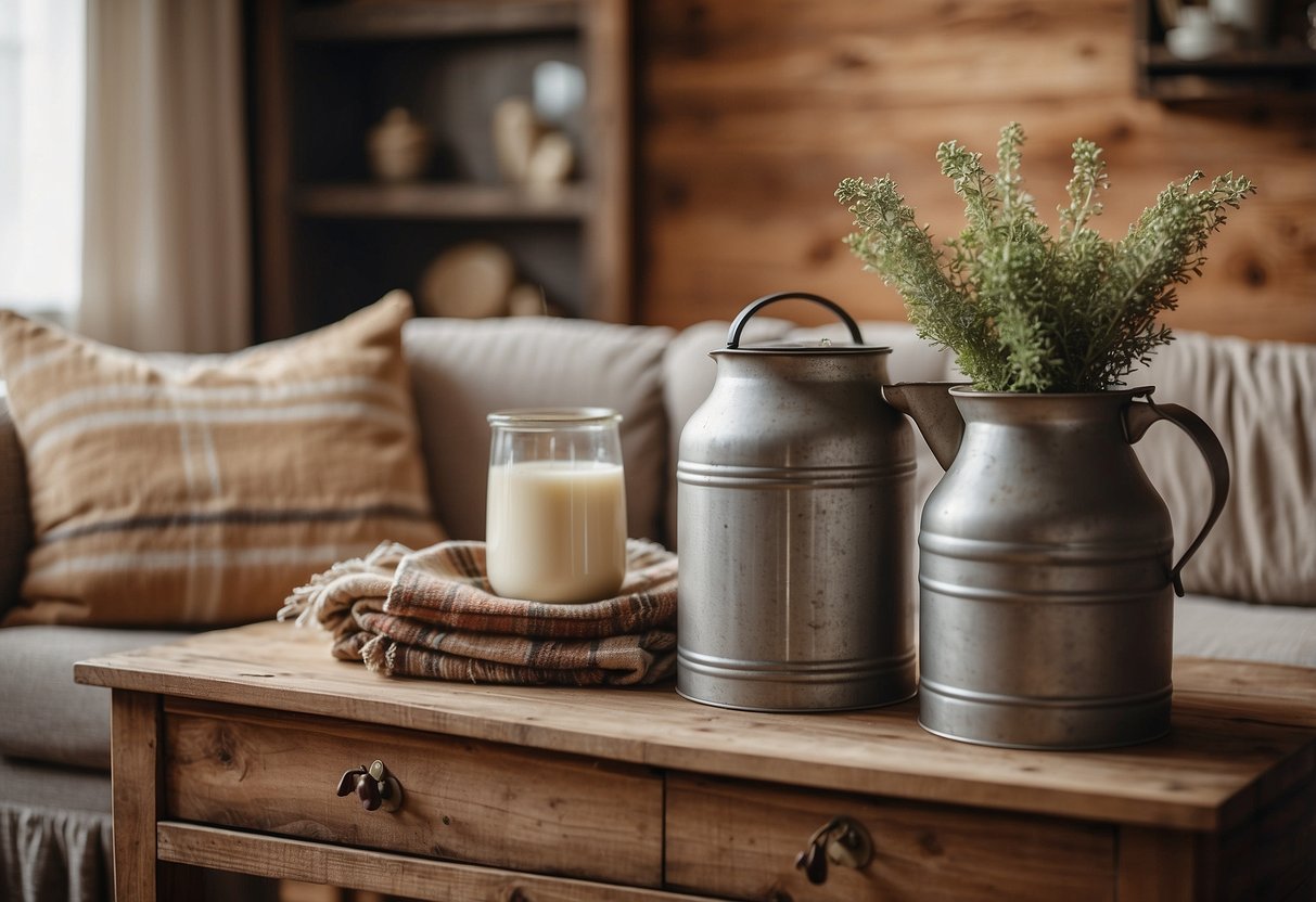 A cozy farmhouse living room with rustic wooden furniture, plaid throw blankets, and a vintage milk can as a decor piece