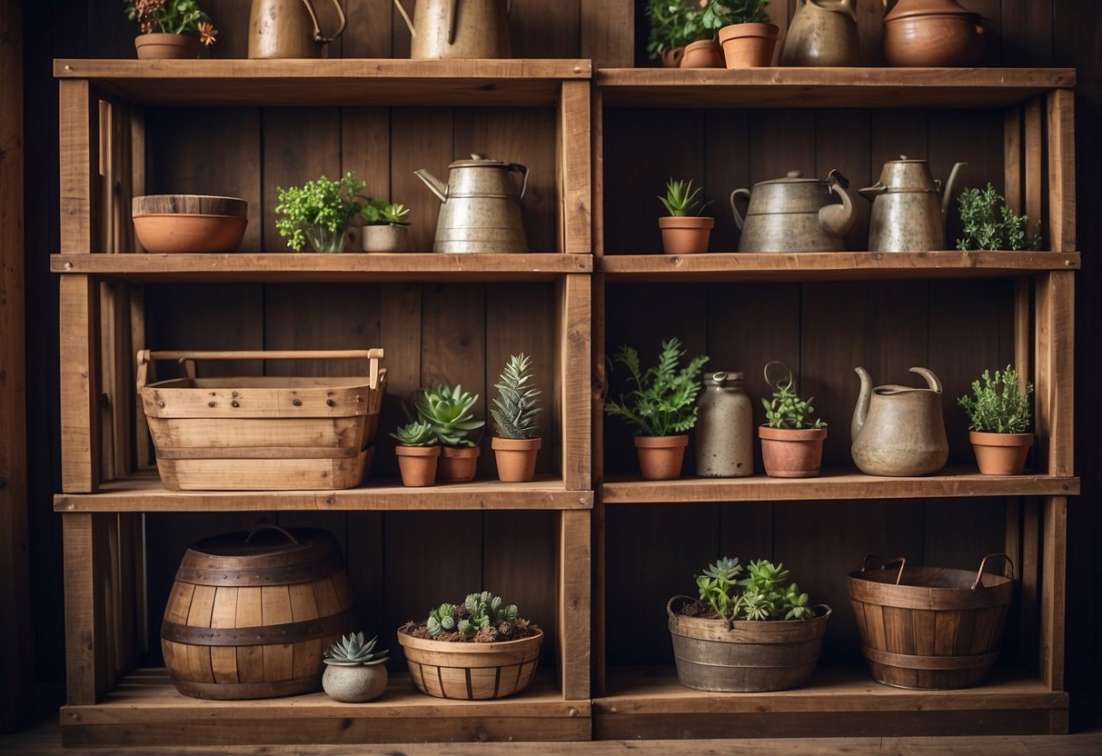 Wooden crate shelves hold vintage farm decor. Rustic charm fills the cozy farmhouse