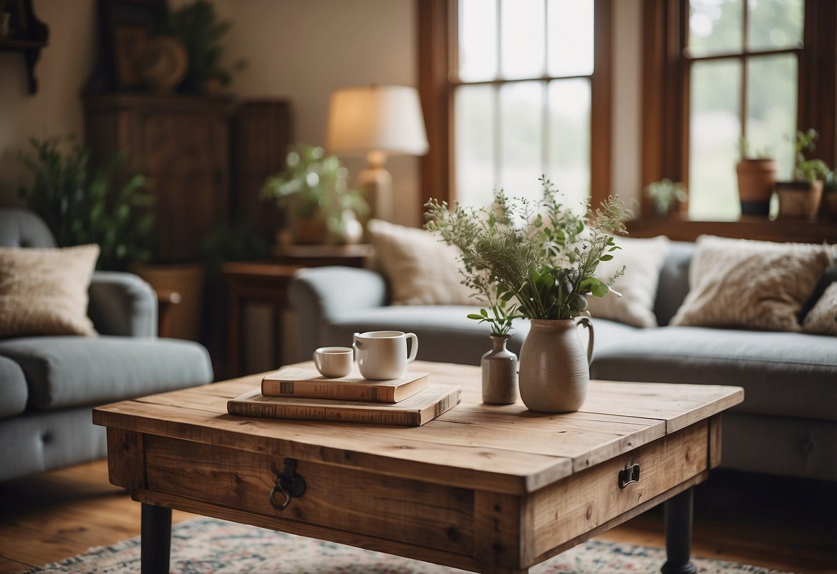 A rustic, reclaimed wood coffee table sits in a cozy farmhouse living room, surrounded by vintage decor and cozy textiles