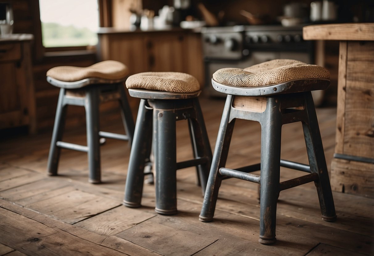 Rustic tractor seat stools arranged in a farmhouse kitchen, surrounded by vintage farm decor and natural wood accents