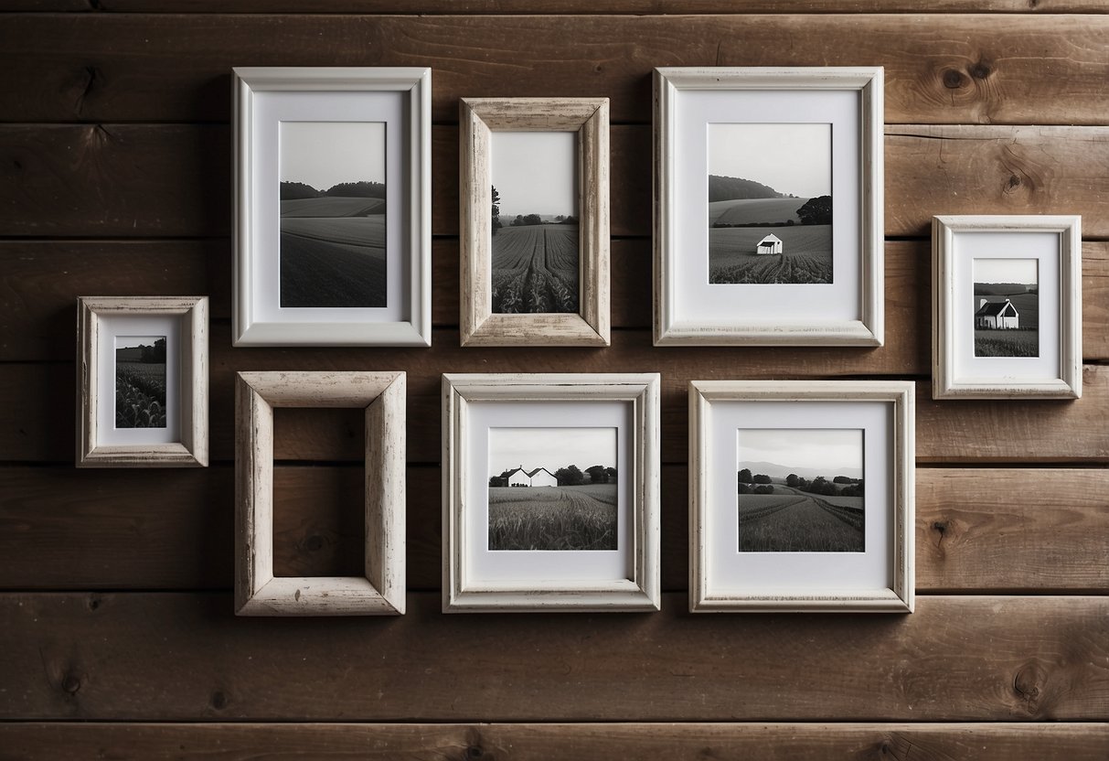 Distressed white picture frames hang on a rustic wooden wall, surrounded by vintage farm home decor