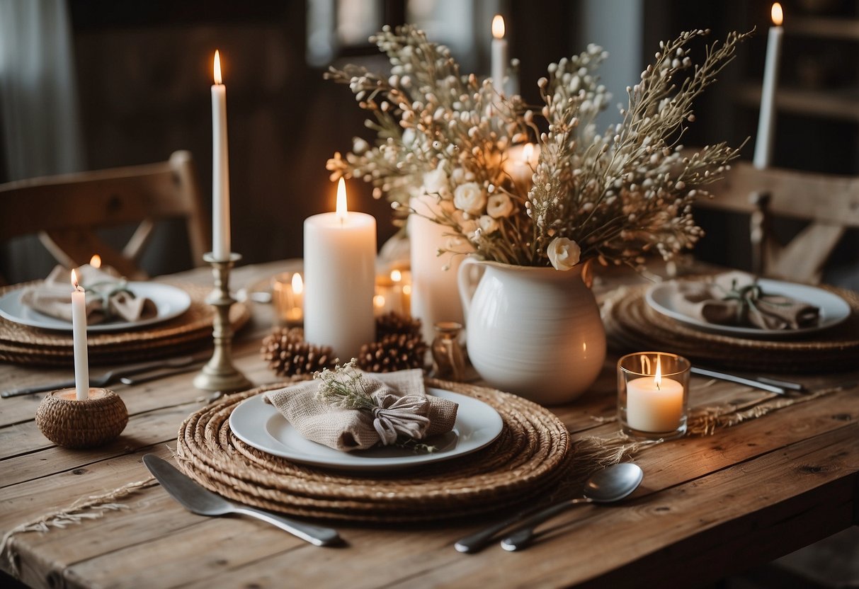 A rustic farmhouse table adorned with woven placemats, wooden candle holders, and a centerpiece of dried flowers and branches