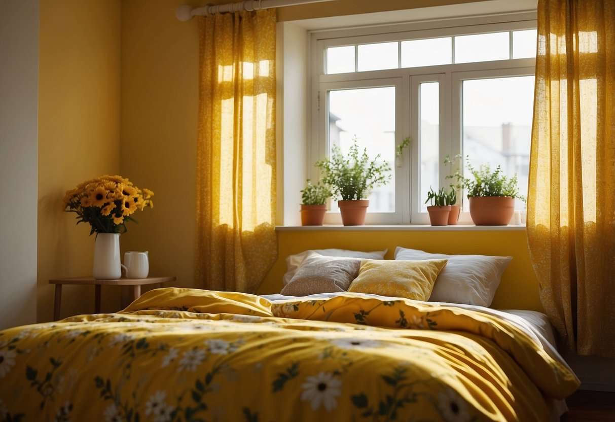 A sunny yellow bedroom with a cozy bed, bright floral curtains, and a warm, inviting atmosphere. Sunlight streams through the window, casting a cheerful glow on the room