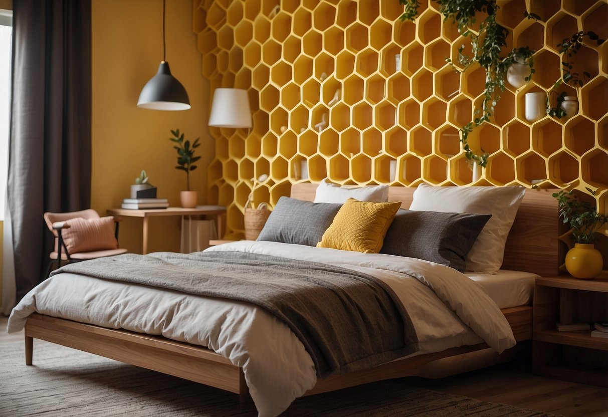 Bright yellow honeycomb shelves adorn a cozy bedroom, adding a pop of color to the decor