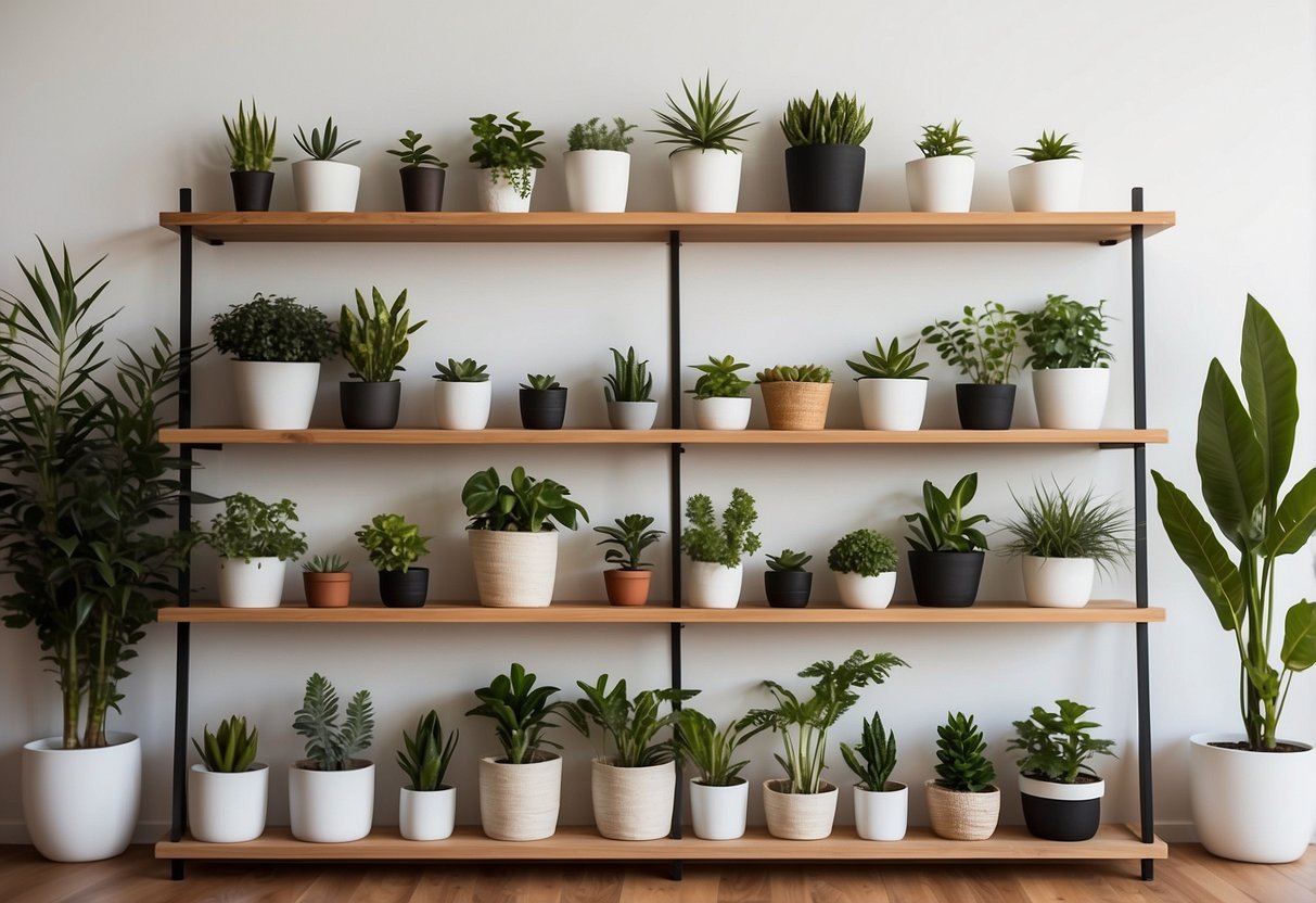 A white wall adorned with minimalist shelves displaying potted plants, framed artwork, and decorative mirrors