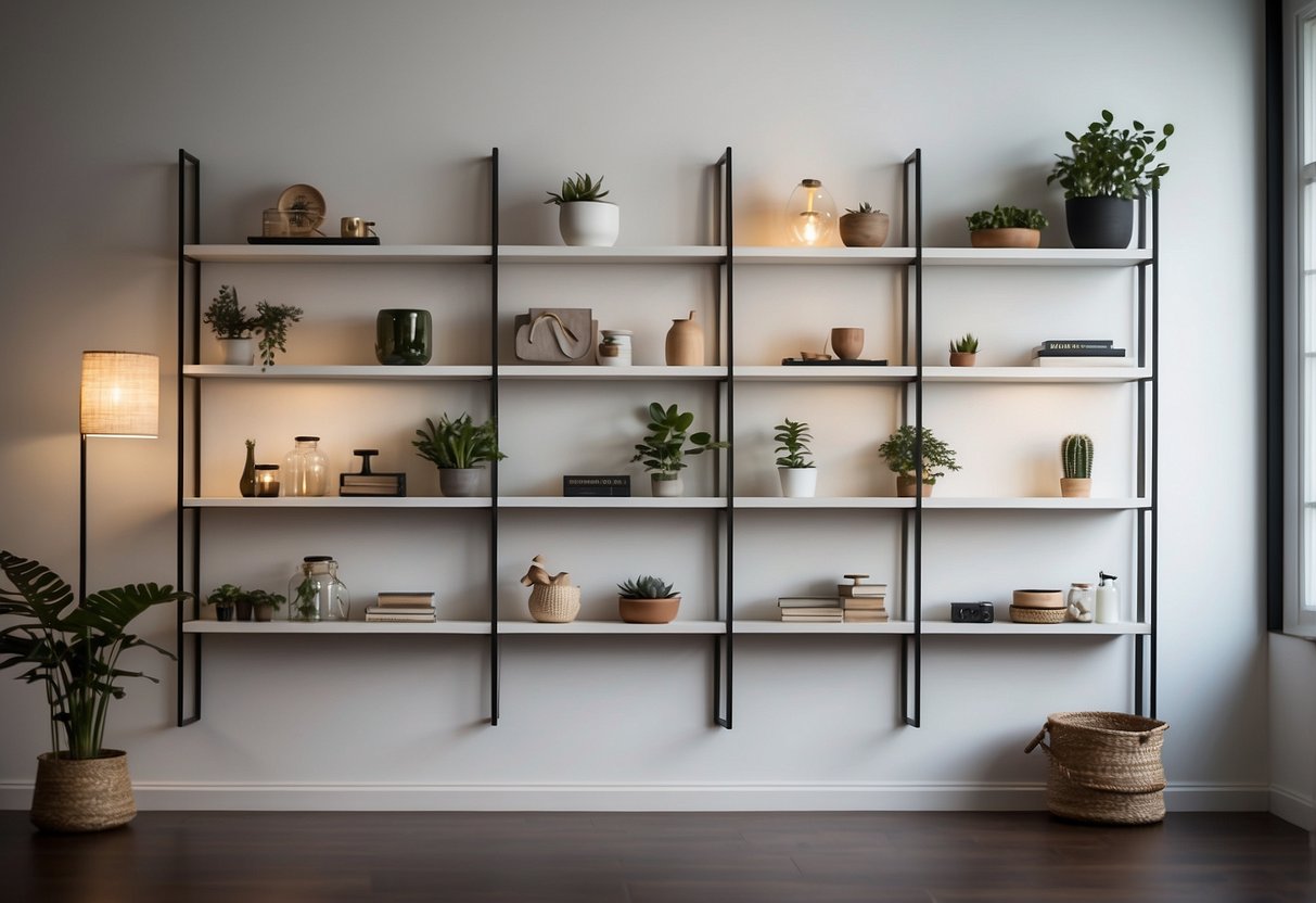 A white wall with geometric wall shelves displaying home decor items