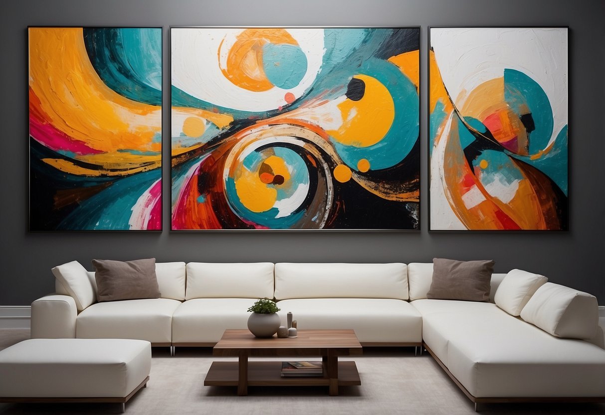 A large, vibrant abstract painting hangs on a clean white wall, adding a modern touch to the home decor