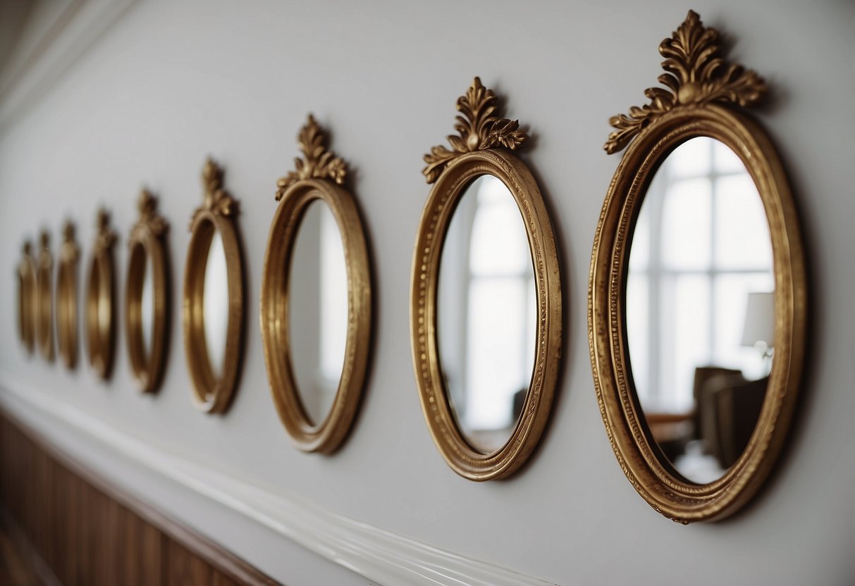 A row of vintage mirrors hangs on a white wall, reflecting light and adding a touch of elegance to the home decor