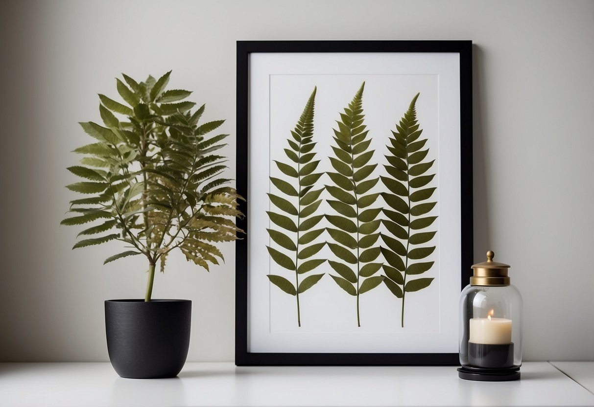 Botanical prints pressed against a white wall, creating a minimalist home decor idea