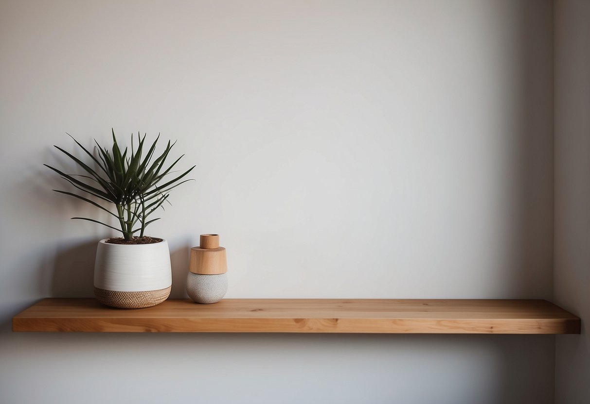 Wood shelves float against a white wall, adorned with minimalist home decor