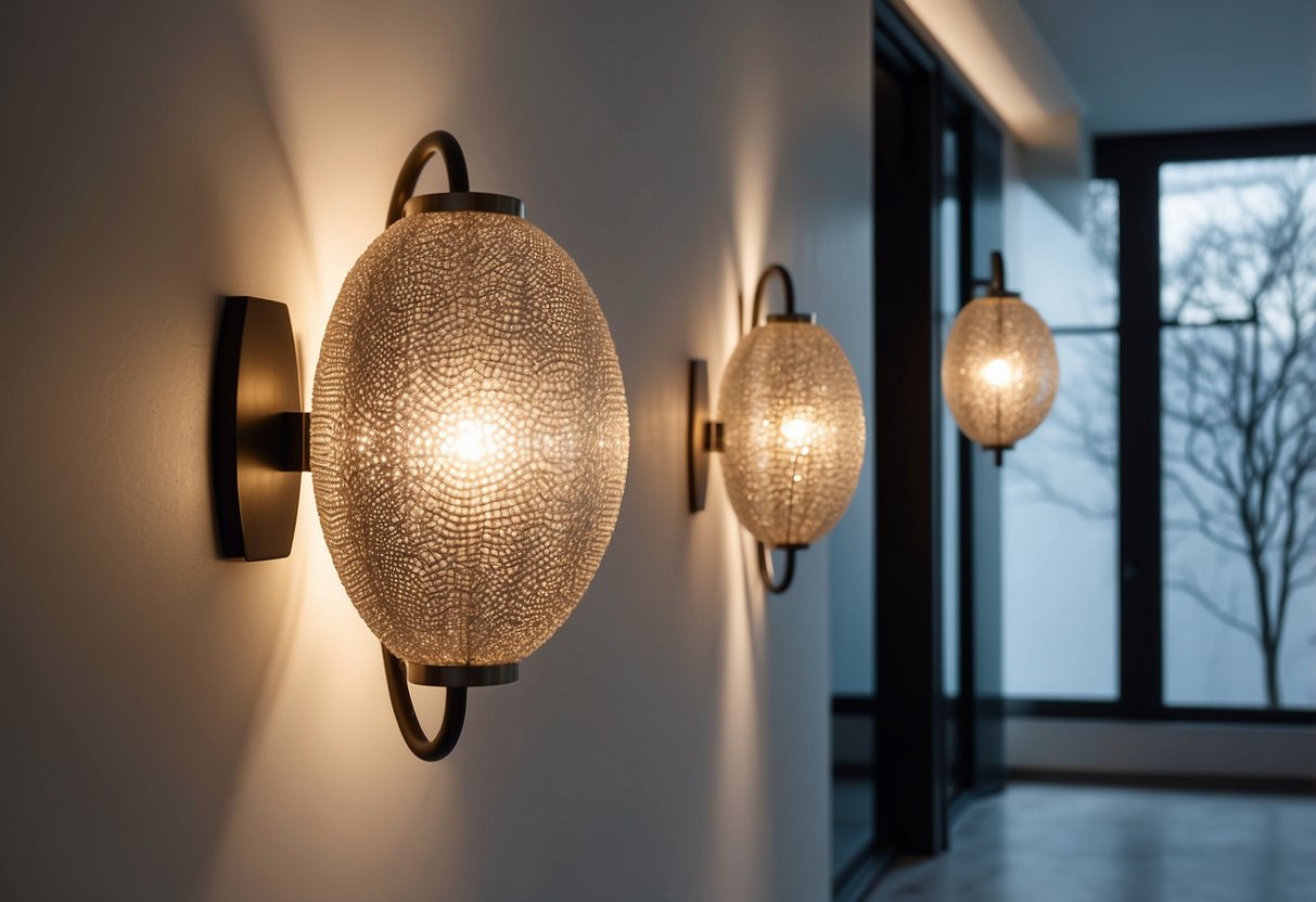 Two sculptural wall sconces mounted on a white wall, casting a soft glow in a modern home setting