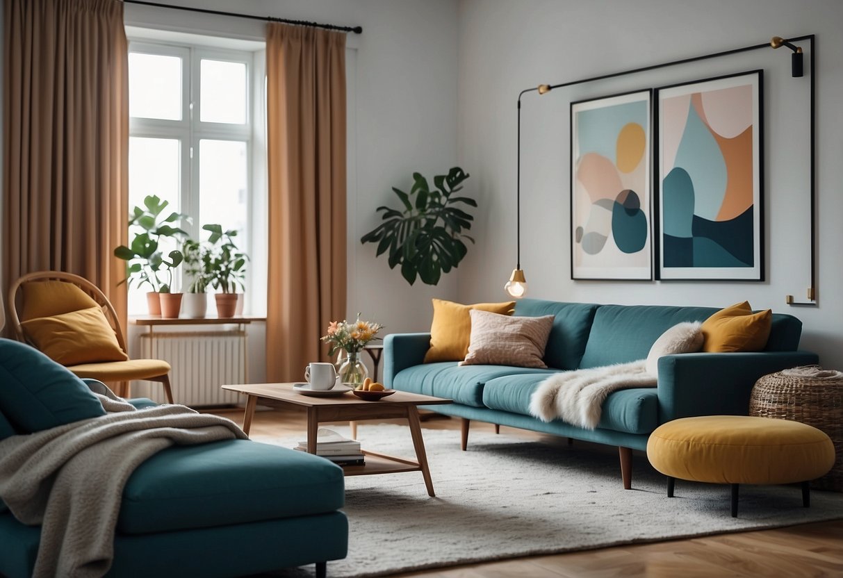 A cozy living room with a white wall adorned with colorful artwork and decorative accents in a harmonious color palette