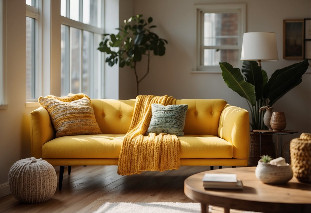 A bright yellow couch sits in a spacious living room, surrounded by colorful throw pillows and a cozy knitted blanket. Sunlight streams in through the window, casting a warm glow on the inviting seating area