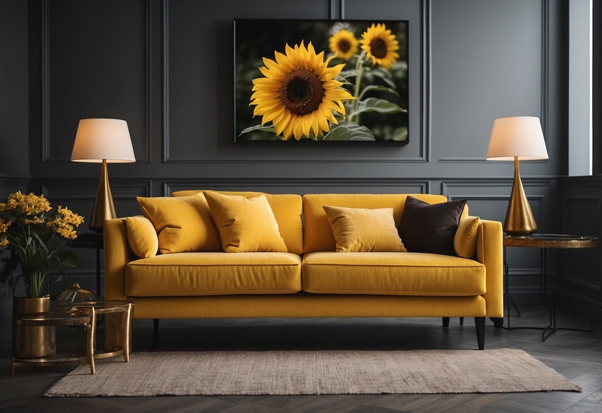 A yellow couch with sunflower throw pillows, perfect for home decor ideas