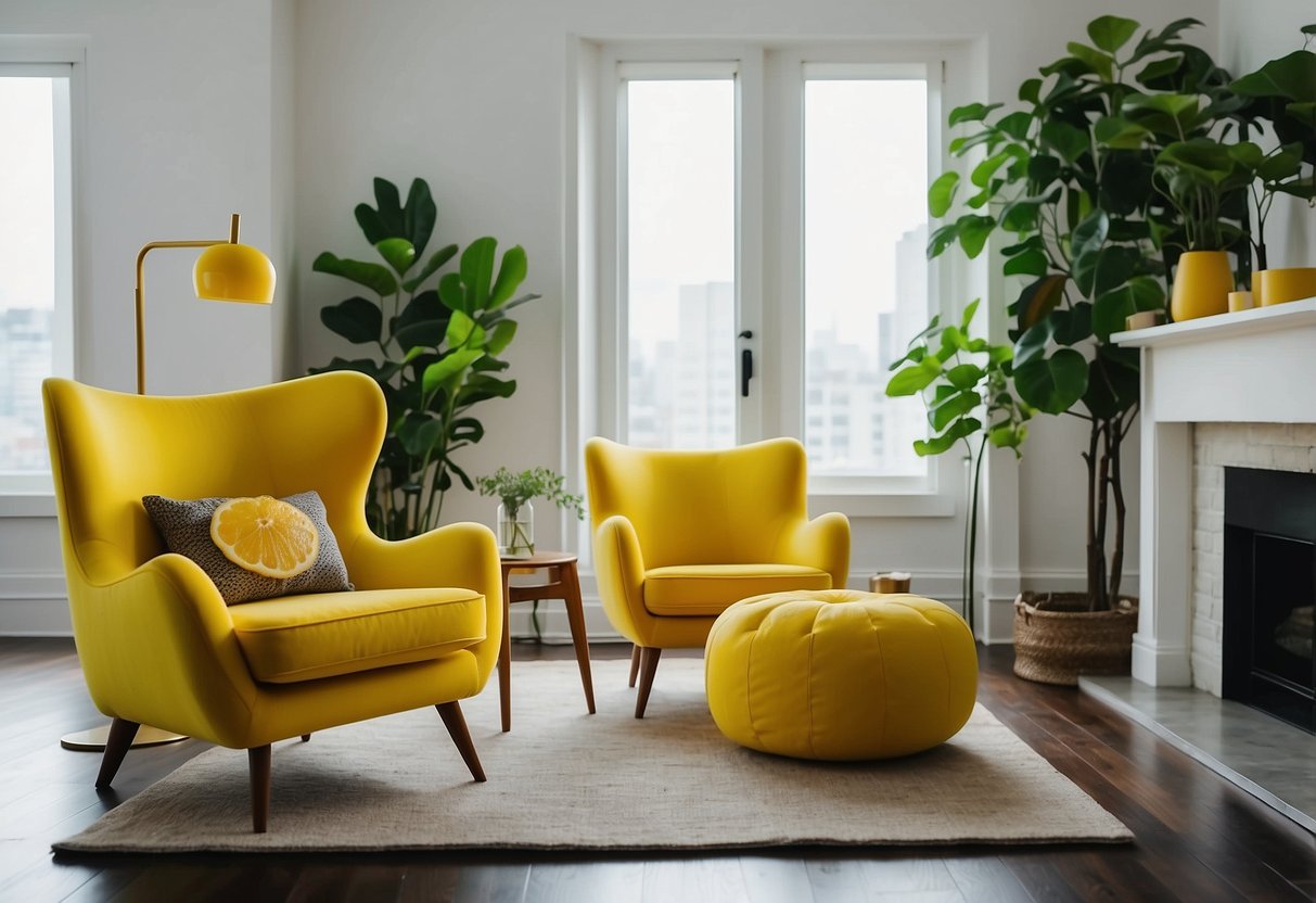 A bright yellow lemon accent chair sits in a modern living room, adding a pop of color to the space