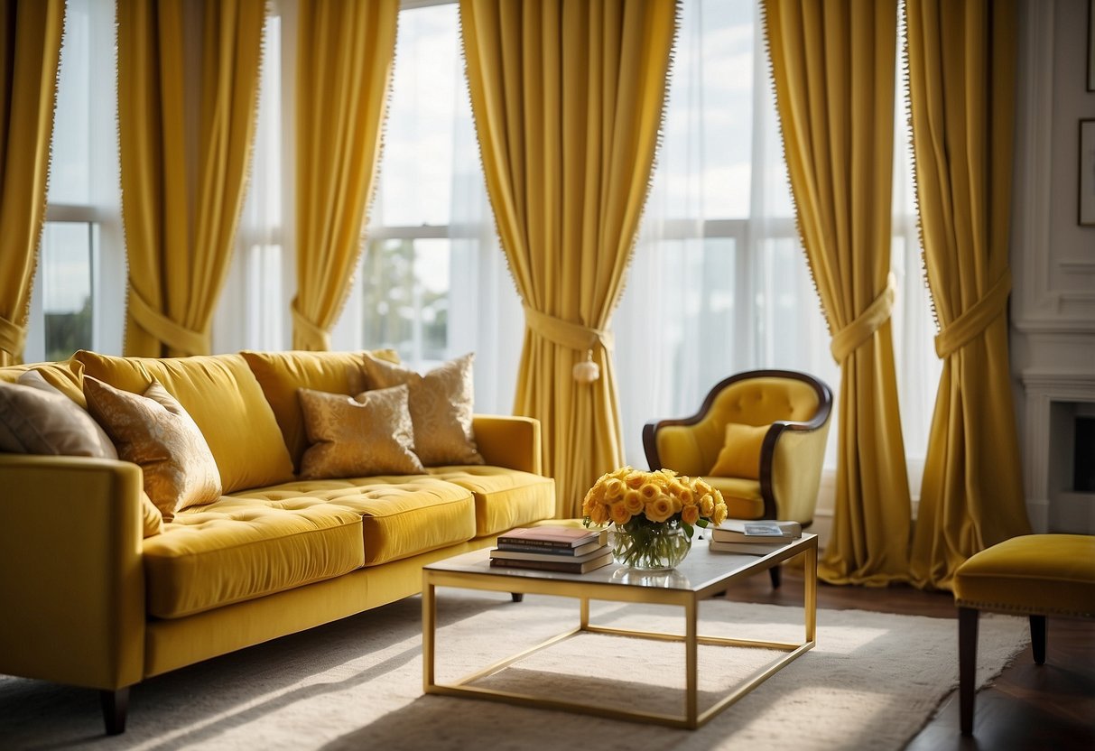 Golden velvet curtains frame a sunny yellow couch, creating a luxurious and inviting home decor scene