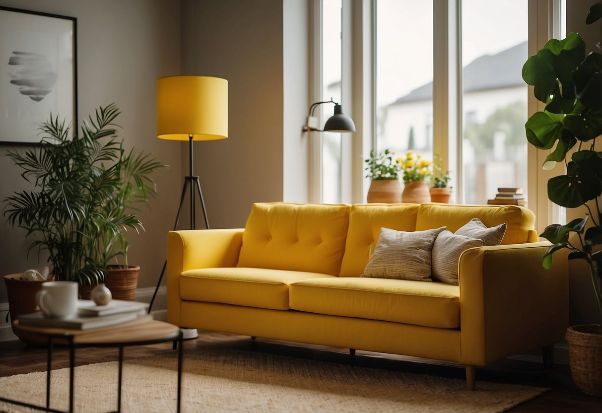 A yellow couch sits in a cozy living room, illuminated by a bright Buttercup Floor Lamp. The warm glow adds a touch of elegance to the home decor