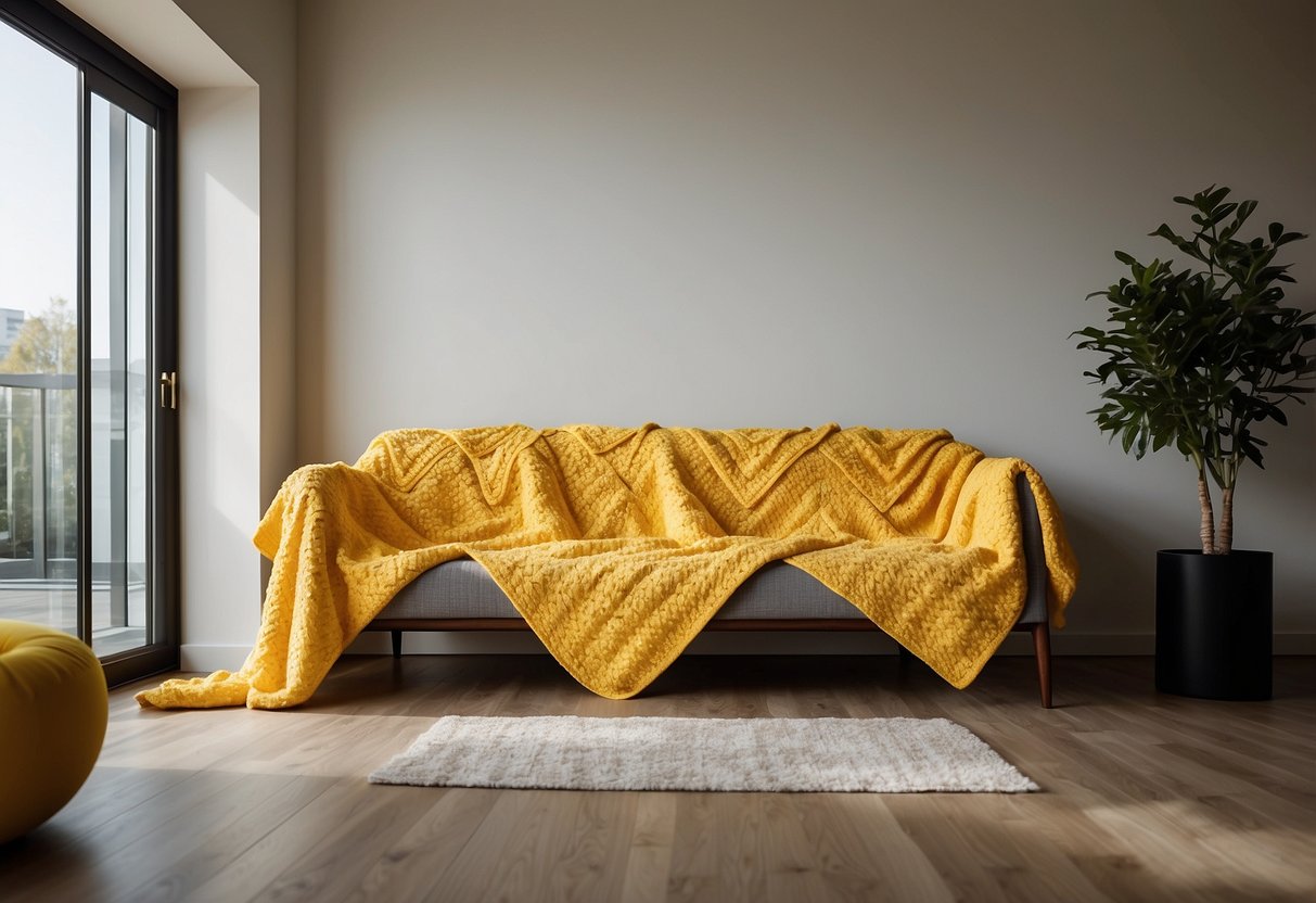 A yellow chevron blanket drapes over a yellow couch, adding a pop of color to the home decor