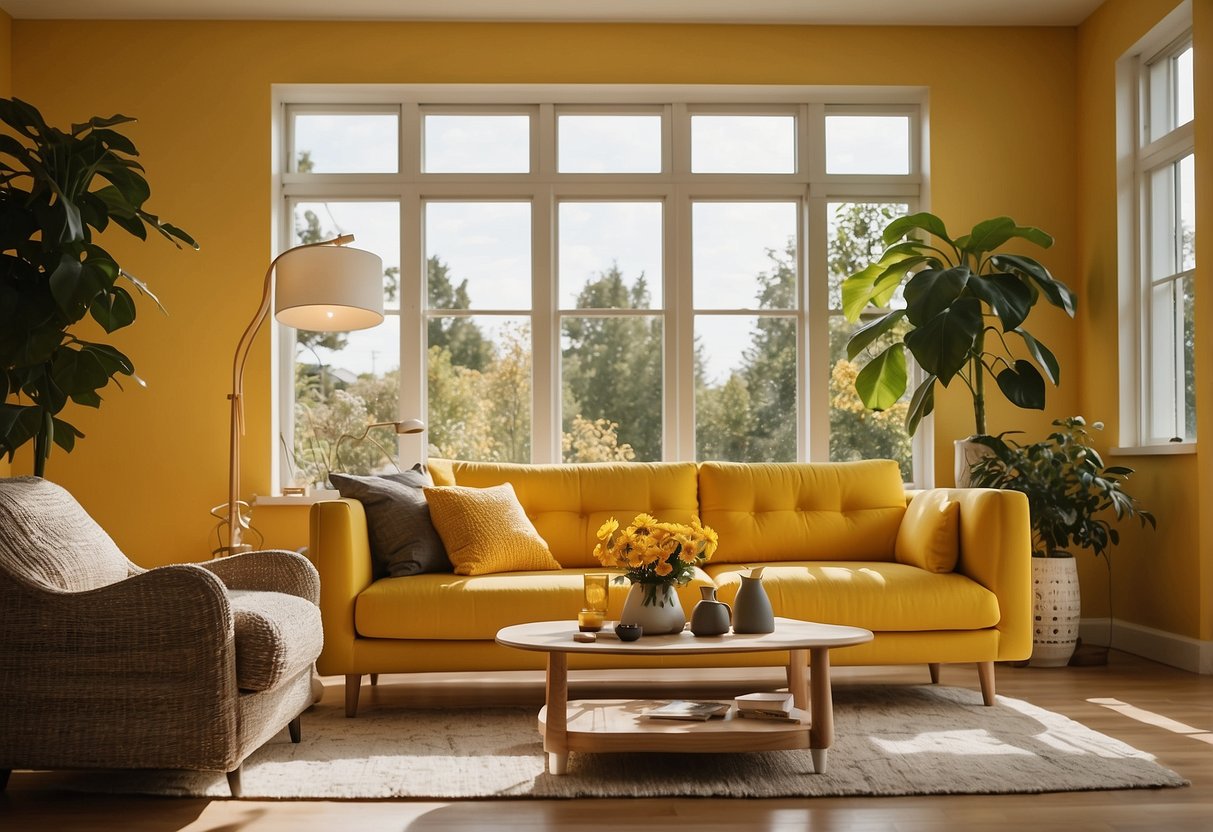 A sunny living room with yellow couch, adorned with ceramic vases as home decor ideas