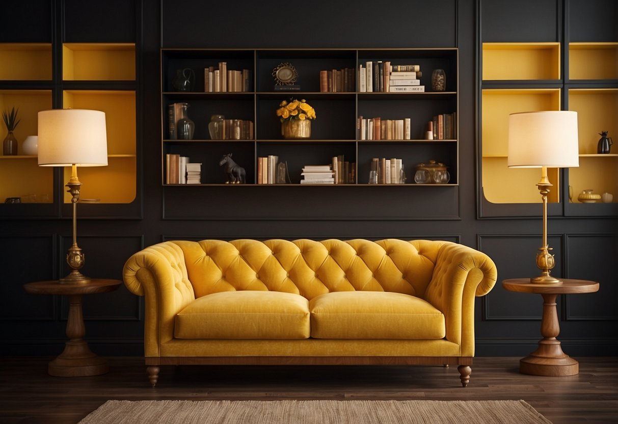 A yellow couch sits against an amber bookshelf, adorned with home decor ideas