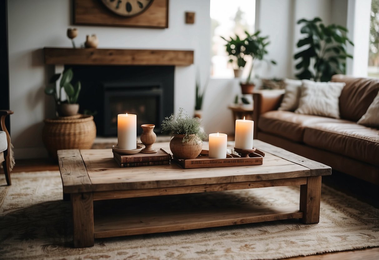 A cozy living room with a distressed wooden coffee table, vintage rugs, and a collection of antique vases and candle holders