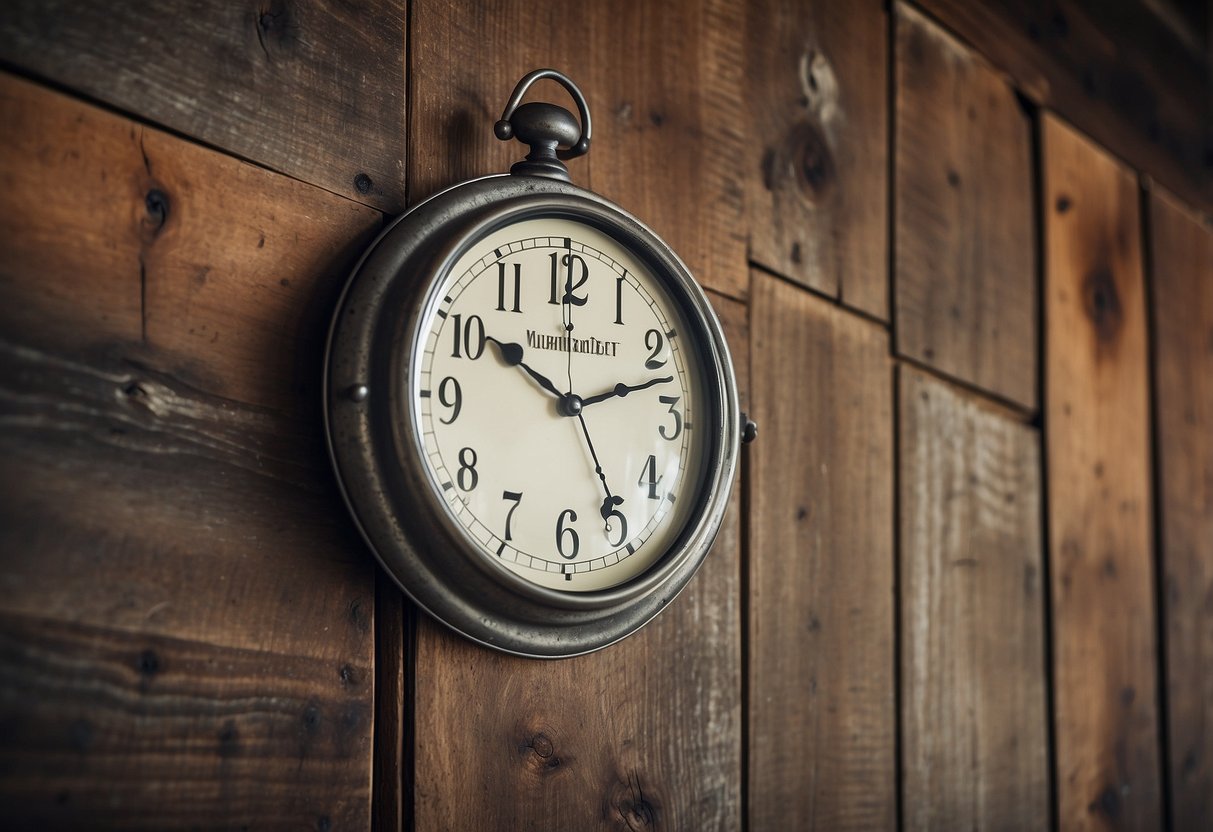 A rustic galvanized metal wall clock hangs on a weathered wooden wall surrounded by vintage home decor items