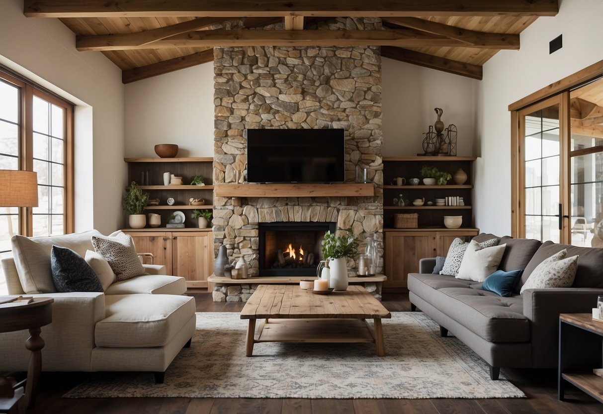 A cozy living room with exposed wooden beams, a stone fireplace, and a mix of modern and rustic furniture. A large area rug and soft throw pillows add warmth to the space