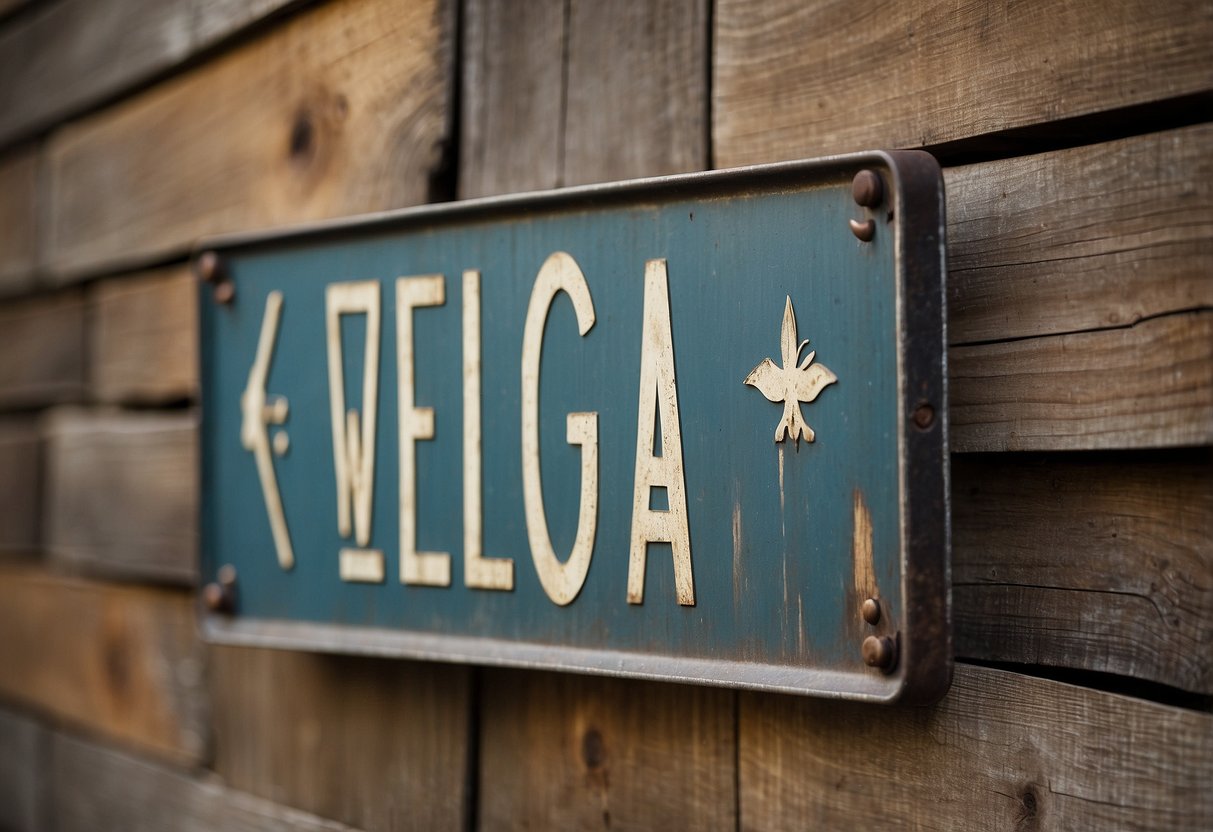 A weathered metal sign hangs on a wooden wall, surrounded by vintage décor and rustic accents