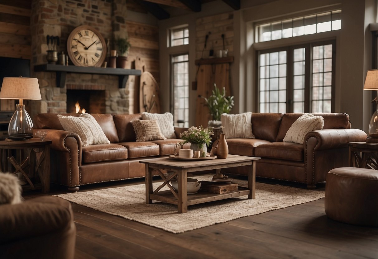 Distressed leather sofas in a modern rustic living room, adorned with cozy blankets and throw pillows, surrounded by warm wood accents and earthy decor