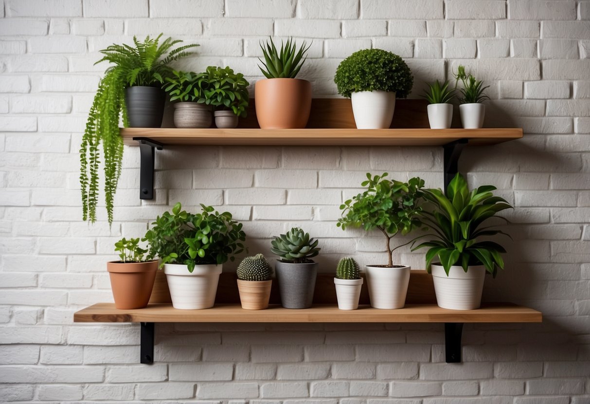 Rustic wooden floating shelves against a white brick wall with potted plants and vintage decor