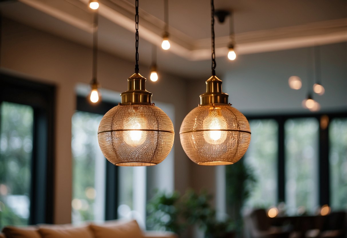 A cozy living room with antique brass light fixtures hanging from the ceiling, adding a touch of vintage charm to the modern rustic home decor