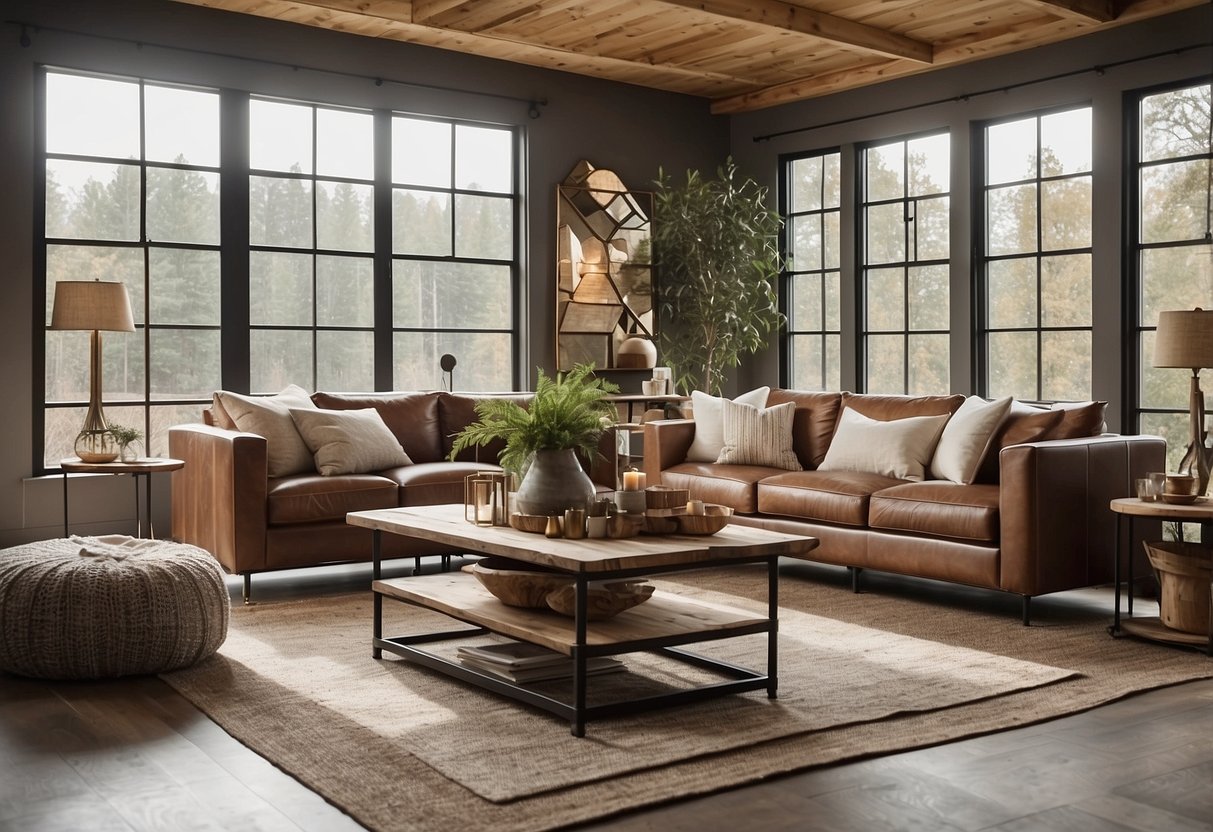 A modern rustic living room with galvanized metal accents: a coffee table, wall art, and light fixtures. Cozy, earthy tones and natural textures complete the look