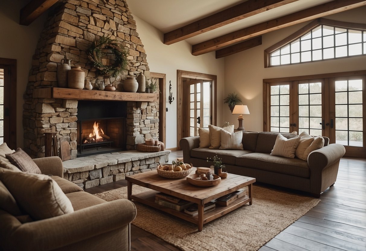 A cozy living room with exposed wooden beams, a stone fireplace, and earthy color palette. Textured fabrics, reclaimed wood furniture, and vintage accents complete the modern rustic look