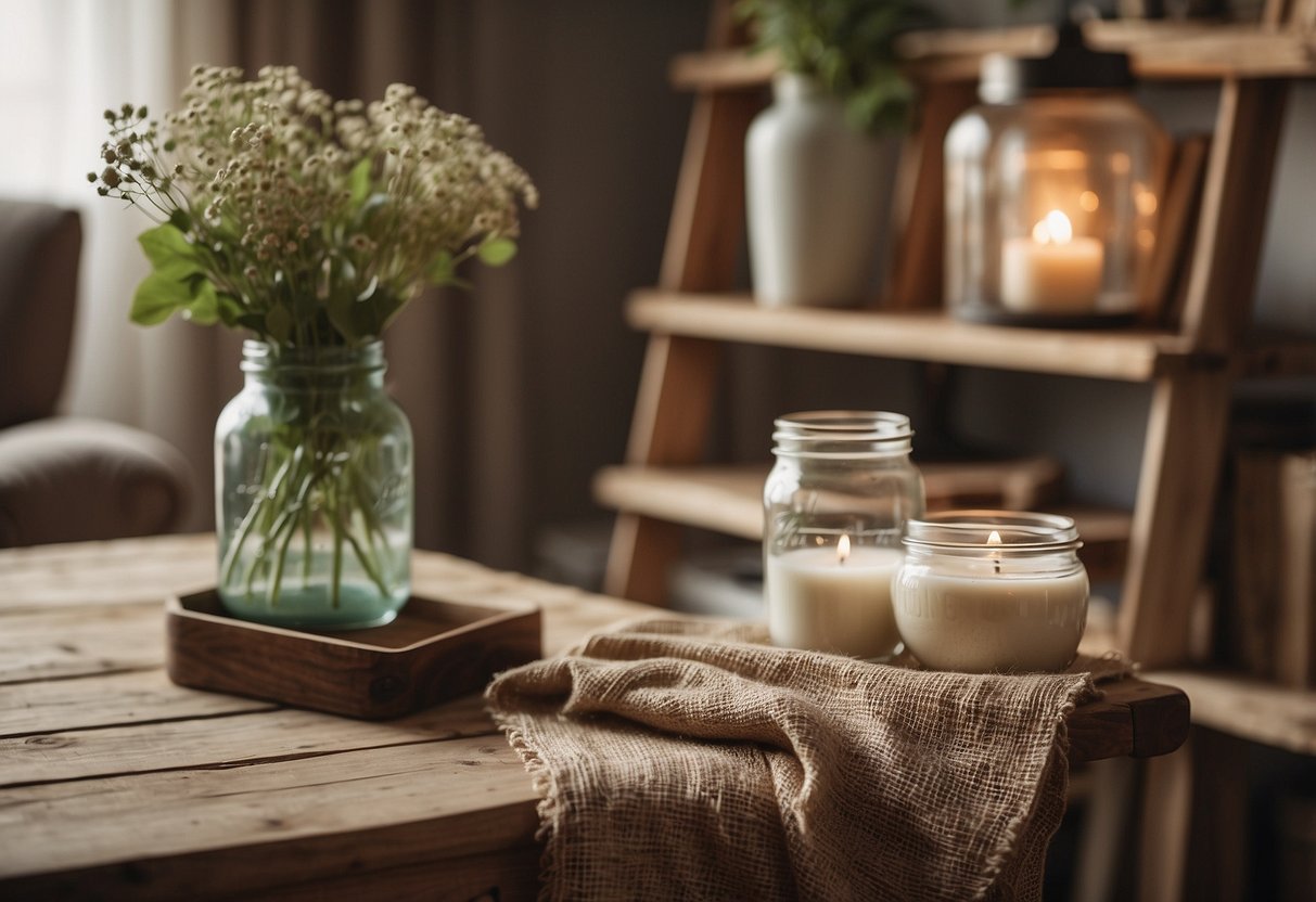 A cozy living room with handmade wooden shelves, mason jar vases, and a burlap table runner. A vintage ladder serves as a unique blanket holder