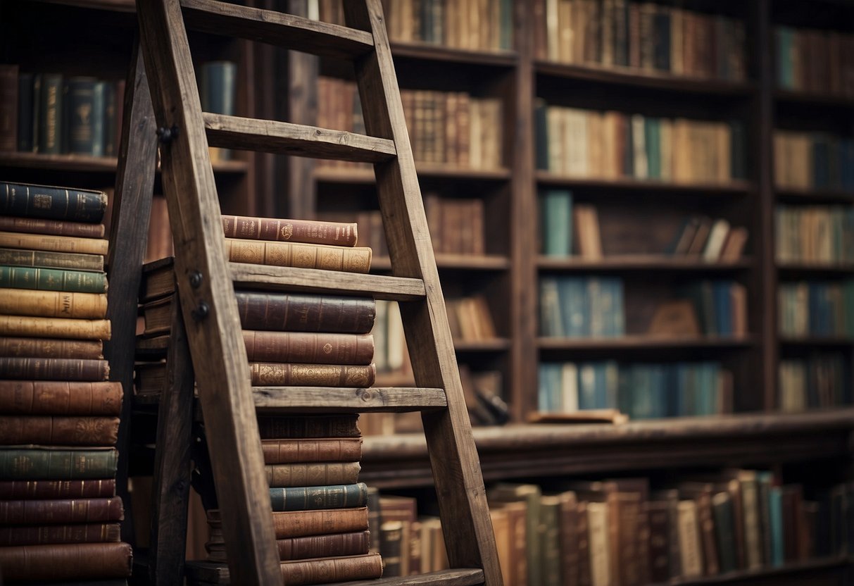 A weathered wooden ladder serves as a bookshelf, adorned with vintage books and rustic decor