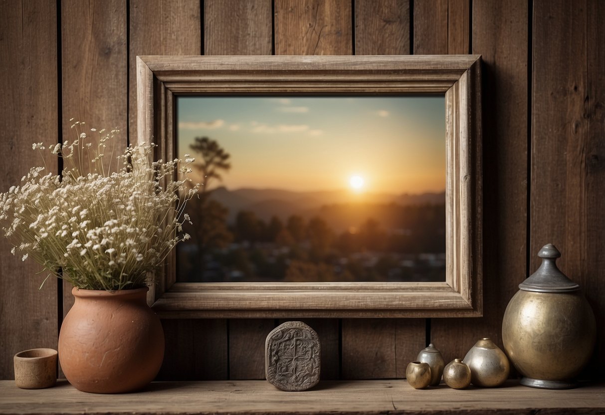 An antique window picture frame hangs on a weathered wooden wall, surrounded by vintage trinkets and dried flowers