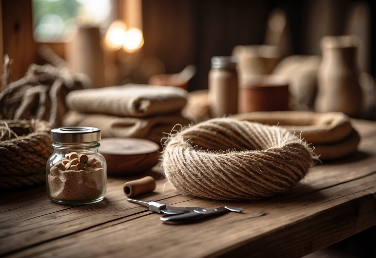 A table with various natural materials like wood, twine, and burlap, alongside crafting tools and a finished rustic decor piece