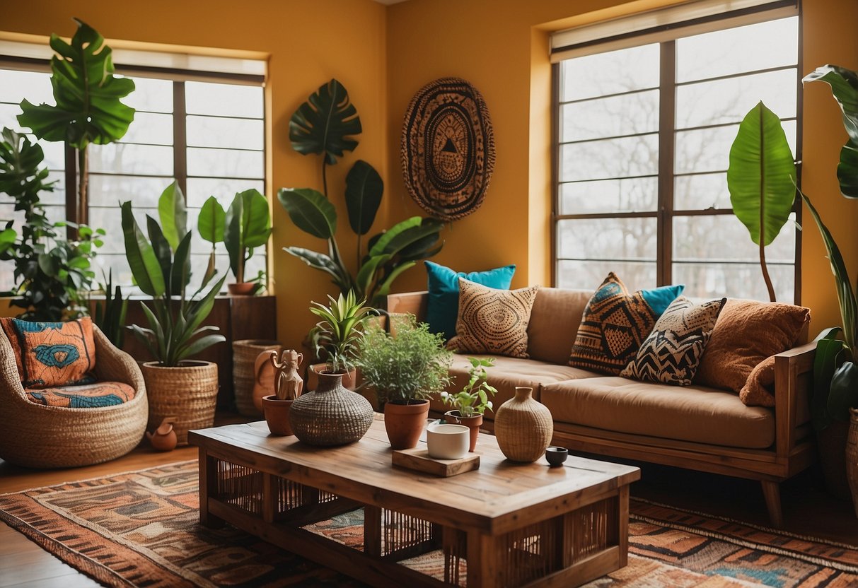 An African-themed living room with vibrant textiles, wooden masks, and woven baskets adorning the walls. A large animal print rug sits beneath a carved coffee table, surrounded by cozy seating and potted plants