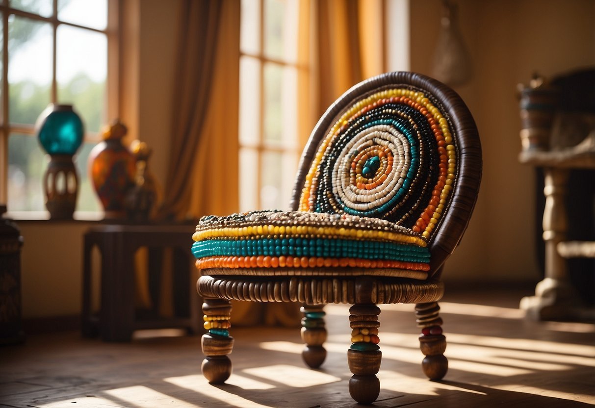 A traditional Zulu chair adorned with colorful beads sits in a sunlit room, surrounded by vibrant African decor