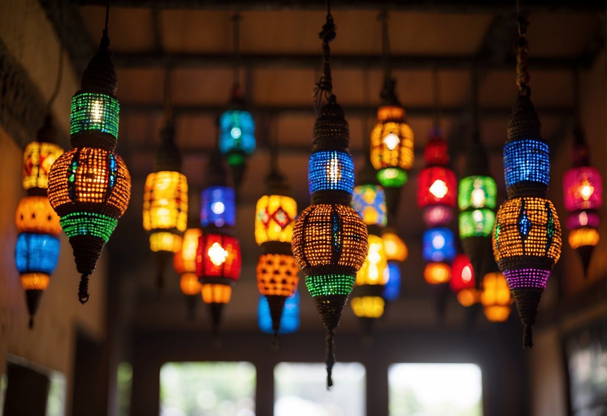 Vibrant Maasai beadwork lamps hang from the ceiling, casting colorful patterns across the room. The intricate designs and bold colors add a touch of African flair to the home decor