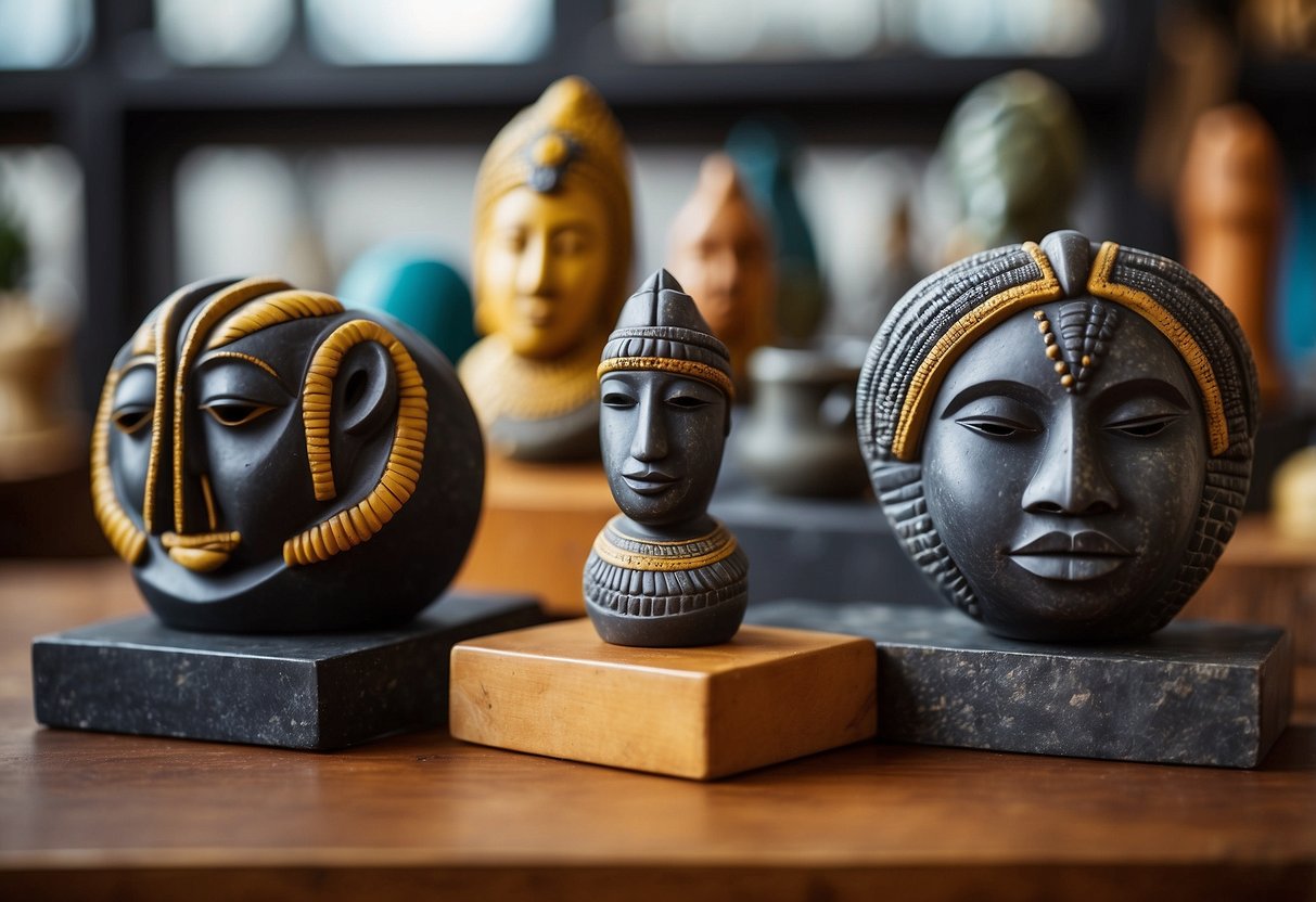 Vibrant Kenyan Soapstone Sculptures displayed on a wooden shelf with African-inspired home decor in the background