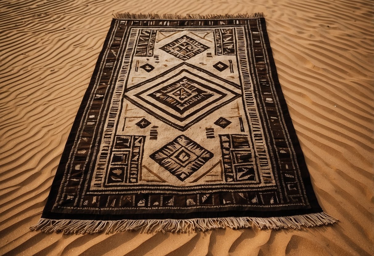 A traditional Tuareg leather rug lies on a sandy desert floor, surrounded by vibrant African decor and textiles