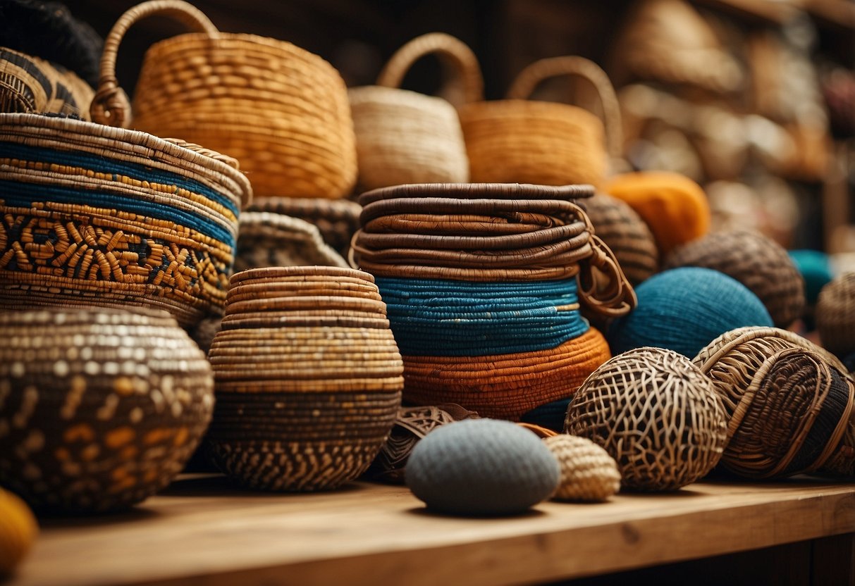 African textiles and materials are arranged in a vibrant display, including bold patterns, earthy colors, and natural textures. A mix of woven baskets, carved wooden sculptures, and hand-dyed fabrics create a rich and diverse aesthetic