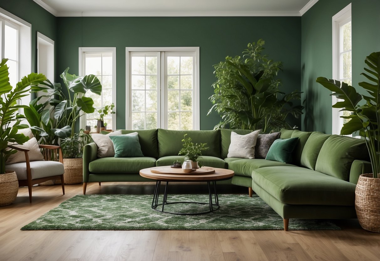 A living room with a green accent wall, plants, and nature-inspired decor. A cozy sofa with green throw pillows and a rug with leaf patterns