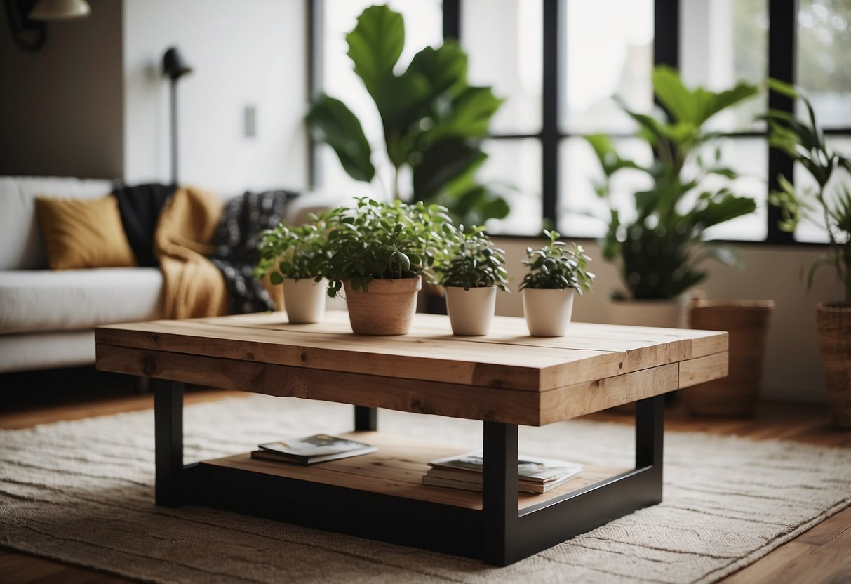 A recycled wood coffee table sits in a cozy living room, surrounded by potted plants and eco-friendly decor