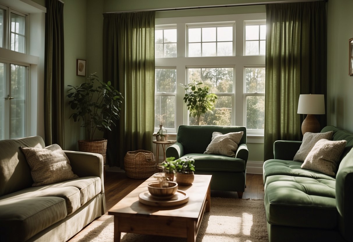 A cozy living room with sunlight streaming through organic cotton curtains in a shade of green, adding a touch of natural elegance to the home decor